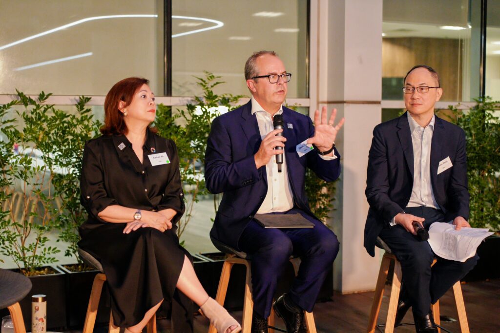 From left: Ms Esther An, Chief Sustainability Officer, CDL, and Mr David Craig, Co-Chair, TNFD joined in a panel discussion on nature and finance, moderated by Mr Yang Yuelin, Chief Stewardship and Well-being Governance Officer at TPC.