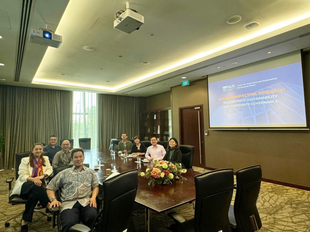 A morning of fruitful knowledge exchange. CGS is pleased to host ACCA delegates (group on left, starting from foreground): Mr Daniel Leung, Country Manager, ACCA Singapore, Ms Ayla Majid, Deputy President, ACCA Global, Mr Chiew Chun Wee, Regional Lead Policy and Insights, Asia Pacific, ACCA, and Mr Gavin Goh, Education Relationships Lead, ACCA Singapore. CGS attendees include (group on right, starting from foreground): Ms Ang Hui Min, Senior Manager (Research and Communications), Professor Lawrence Loh, Director, Ms Verity Thoi, Business Development Lead, and Mr Ivan Lim, Assistant Manager.